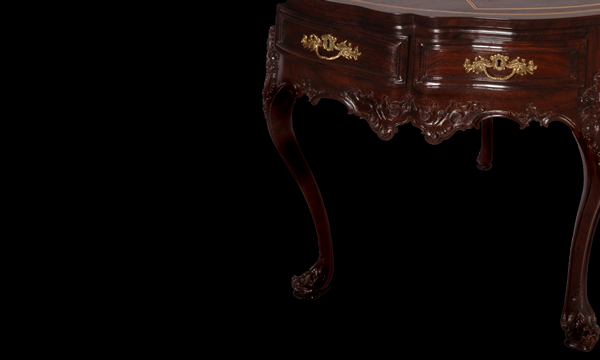 Pormenor da talha e ferragens da mesa de jogo D. José em madeira de pau santo